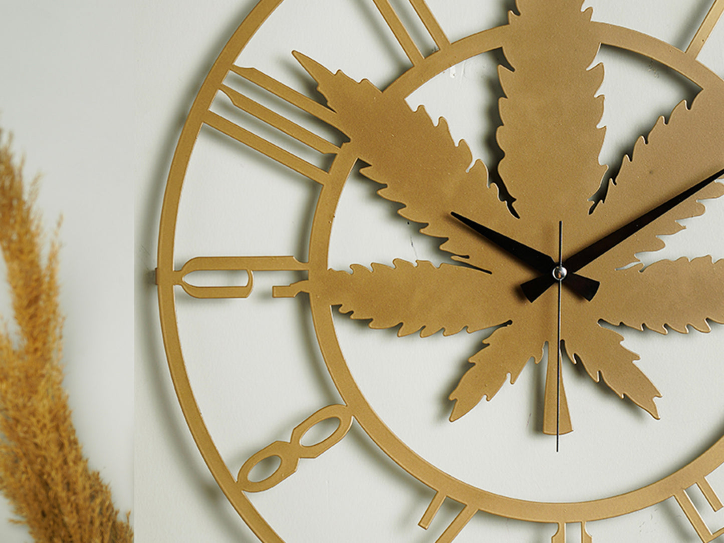 Muyika Gold Cannabis Oversized Metal Wall Clock 20" | Silent Motor