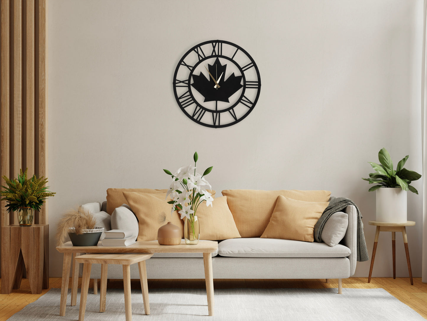 Muyika Maple Leaf Roman Numerals Oversized Metal Wall Clock 20" | Silent Motor