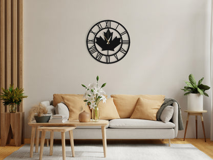 Muyika Maple Leaf Roman Numerals Oversized Metal Wall Clock 20" | Silent Motor